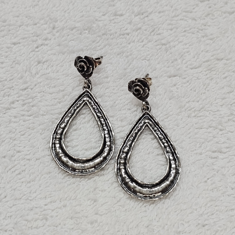 Or Paz PZ ISRAEL 925 Oxidized Hammered Silver Rose Flower Teardrop Post Earrings